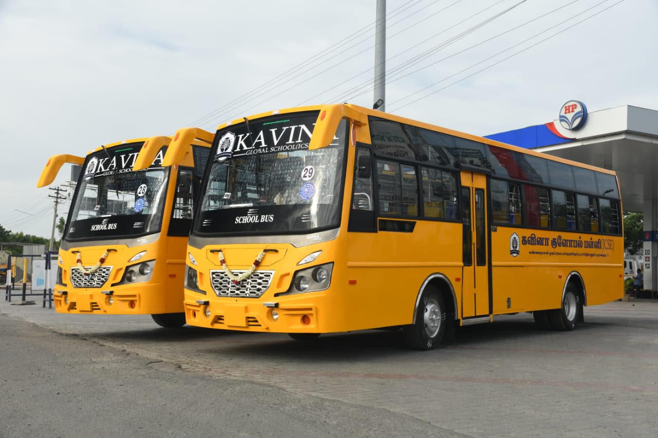 Pair of Kavina Global School yellow school buses bodied by Alfha Coach Builders, Karur