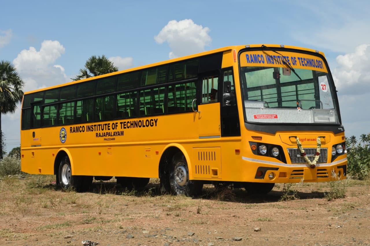 Ramco Institute of Technology yellow college bus body built by Alfha Coach Builders, Karur