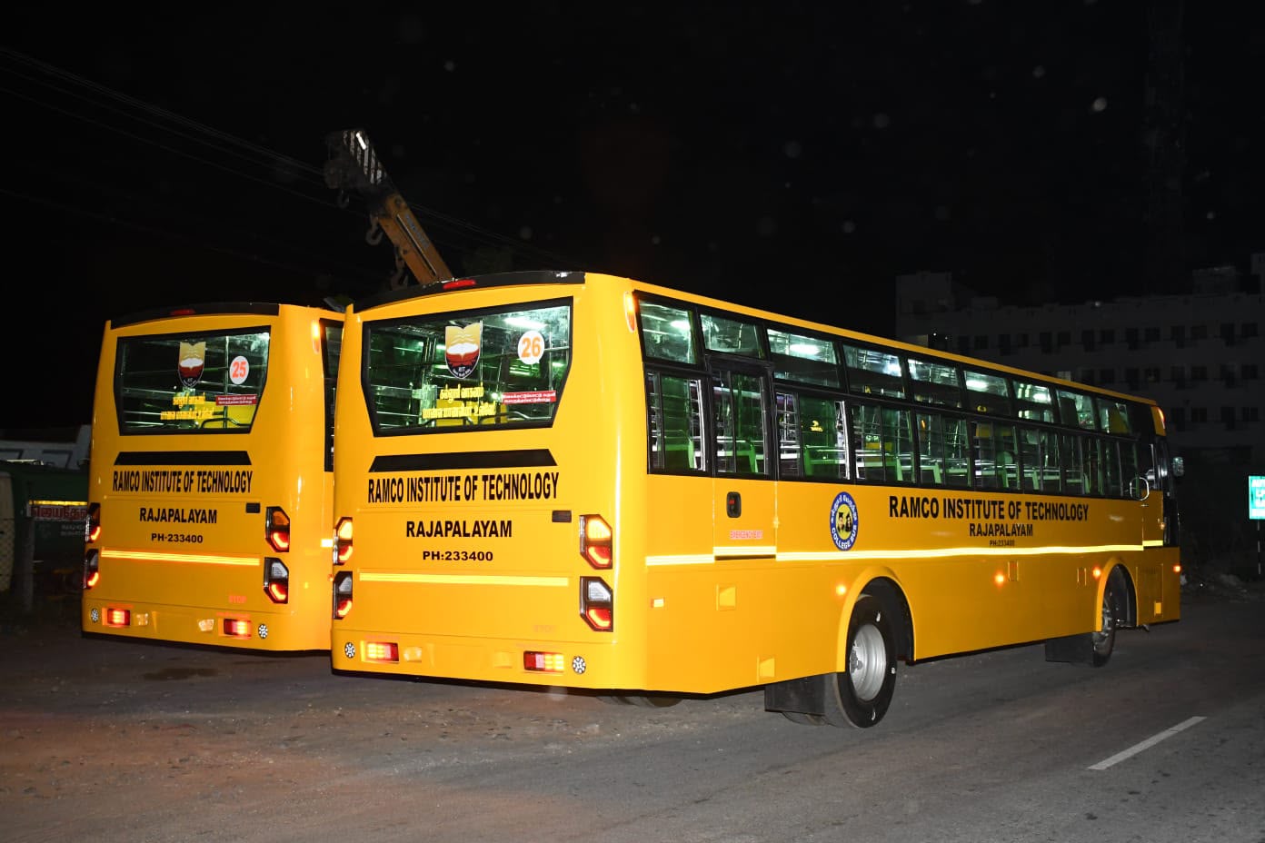 Rear view of two Ramco Institute college buses bodied by Alfha Coach Builders, Karur